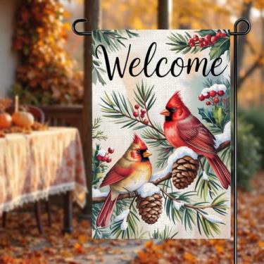 Imagem de Bandeira de jardim de boas-vindas de Natal, inverno, decorações de Natal, galhos de pinheiro cardeal, bandeiras de jardim para fora de casa, casa de fazenda, quintal, gramado, decoração de Natal