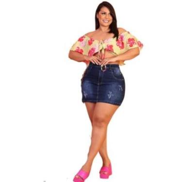 Imagem de Saia Jeans Curta Plus Size Modela Bumbum Cintura Alta-Feminino
