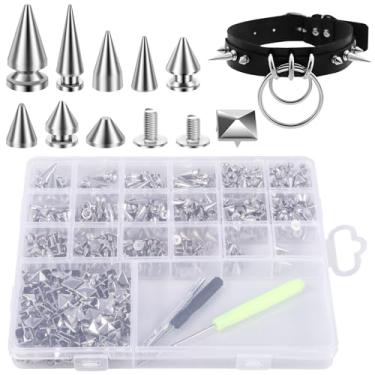 Imagem de Conjunto de 600 pinos punk, 8 tamanhos de pontas cônicas e pirâmide quadradas, pinos de árvore de metal prateado para roupas de couro estilo punk, sapatos, cinto, acessórios de coleira de cachorro