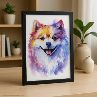Imagem de Quadro Decorativo Lulu da Pomerânia em Aquarela, Moldura Preta, Arte de Cachorro Colorida, 30x40 cm