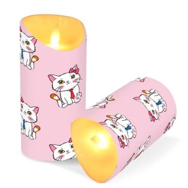 Imagem de Blueangle Pacote com 2 velas fofas de gato sem chama com controle remoto e temporizador, velas LED cintilantes (7,6 cm x 9,9 cm) para decoração de casa, casamento, acampamento (332)