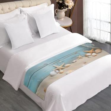 Imagem de ZFRXIGN Echarpe de cama de estrela do mar de praia tamanho queen conjunto de cama de madeira azul colcha cobertor para quarto quarto hotel toalha de mesa decoração de quarto feminino