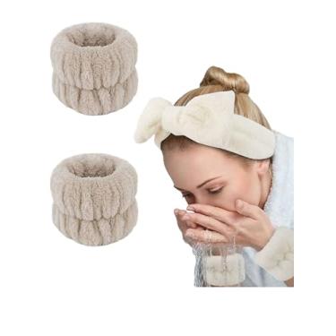 Imagem de Pulseiras para lavar o rosto, 2 pulseiras absorventes de microfibra para spa, toalhas elásticas de lavagem facial para mulheres e crianças (marrom)