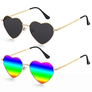 Imagem de Kursan Óculos de sol de coração polarizado para mulheres, armação de metal, moderno, estilo adorável, proteção UV400, Pacote com dois (ouro/preto + ouro/arco-íris espelhado)