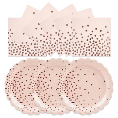 Imagem de 50 peças de pratos e guardanapos de ouro rosa e rosa, conjunto de pratos de sobremesa de papel rosa recortado de 17 cm, utensílios de mesa descartáveis para casamento, noivado, chá de panela, chá de