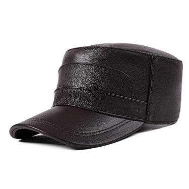 Imagem de Boné masculino clássico militar de couro boné de beisebol chapéu de topo plano chapéu de viseira ajustável ao ar livre outono inverno (marrom escuro-GG
