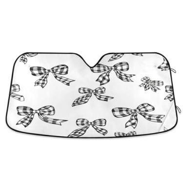 Imagem de Qilmy Para-brisa de carro, protetor de viseira dobrável preto e branco com laço mantém fresco, bloqueia raios UV e acessórios para proteger carros, SUVs, caminhões-(P) 1018