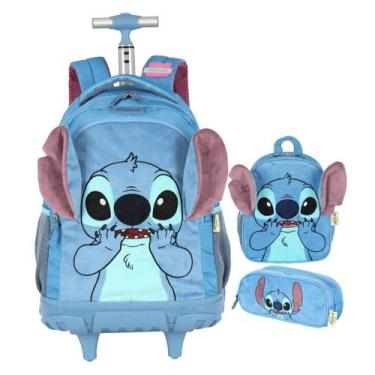 Imagem de Kit Mochila Rodinhas Lancheira Estojo Peluciada Stitch - Luxcel, Azul