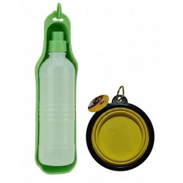 Imagem de Conjunto de viagem para animais de estimação: garrafa de água portátil e tigela dobrável para hidratar cães e gatos durante viagens. (VERDE/AMARELO)