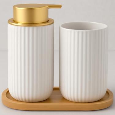 Imagem de Kit Banheiro 3 Peças de Porcelana e Bambu, Dispenser de Sabonete Líquido e Porta Escova (Branco e Dourado)