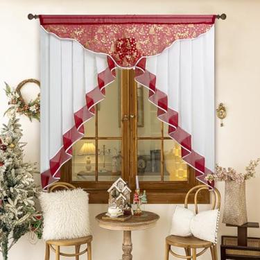 Imagem de Gxi Cortina de cozinha transparente de Natal swag branco e borgonha painel de porta com bolso de haste voile camada de tratamento de janela para banheiro sala de jantar 1 painel (tema de Natal, L119 x