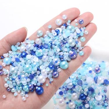 Imagem de Pérolas planas para artesanato, meias pérolas e gemas azuis mistas, 3/4/5/6/8/10 mm meio redondo ABS flatback pérolas preciosas deslumbrantes para unhas DIY sapatos roupas bolsas