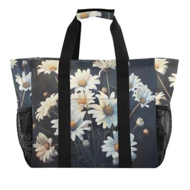 Imagem de ODAWA Sacola grande vintage de margaridas brancas, bolsas de praia embaláveis para natação e academia, Margaridas brancas vintage, One Size