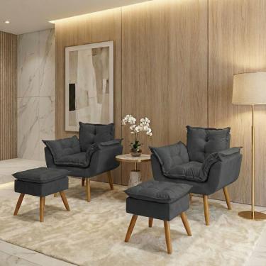 Imagem de Kit 2 Poltronas Decorativa e 2 Puffs Para Sala Recepção Manicure Consultório Quarto Alice Tecido Suede