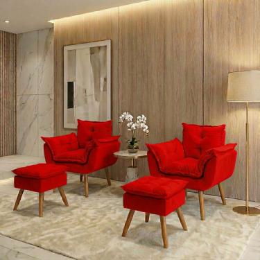 Imagem de Kit 2 Poltronas Decorativa e 2 Puffs Para Sala Recepção Manicure Consultório Quarto Alice Tecido Suede