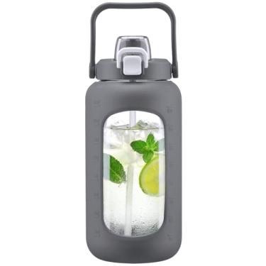 Imagem de NOLOGLAZIC Garrafa de água de vidro de 2041 g com canudo e tampa 2 em 1, garrafa de vidro motivacional grande com marcador de capacidade e manga de silicone, jarro de água de 2,1 litro para casa