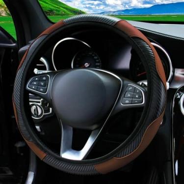 Imagem de Knonip Capa de volante de couro de fibra de carbono, estilo esportivo, confortável, resistente ao desgaste, ajuste universal para roda de 35 a 38 cm, acessórios interiores de carro para todas as