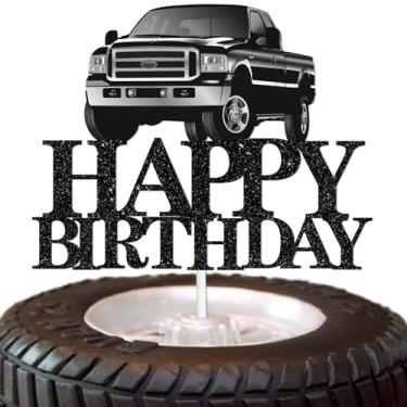 Imagem de Topo de bolo de caminhão pickup tema de feliz aniversário preto glitter decoração palhetas para crianças adultos suprimentos de decoração de festa de aniversário