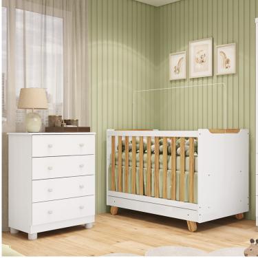 Imagem de Quarto de Bebê com Cômoda 4 Gavetas e Berço 4 em 1 Minicama em MDF Zuri Móveis Peroba - Branco Brilho/Amendoa/Branco Brilho