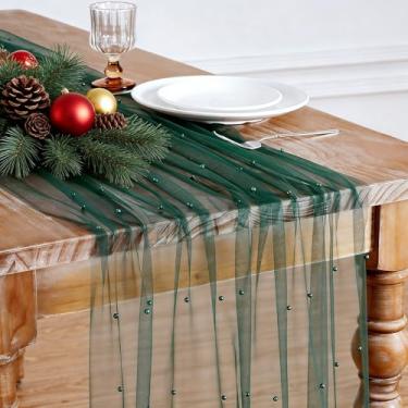 Imagem de LuoluoHouse Tecido de tule para corredor de mesa de pérola: 3 m linho de cozinha pérola 73 x 300 cm 12 peças Emarald verde transparente tecidos de gaze para decoração de casamento, festa de