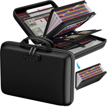 Imagem de ENGPOW Caixa de documentos à prova de fogo com fechadura, estojo rígido, organizador de arquivos resistente a fogo e água com pasta de arquivos sanfonada de 25 bolsos, armazenamento seguro para