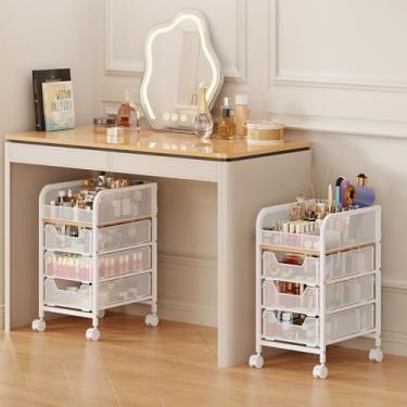 Imagem de Organizador de carrinho de maquiagem com 3 gavetas, organizadores de cuidados com a pele de piso estreito de 4 camadas com divisórias, organizador de vaidade, vitrines de cosméticos para pincel de