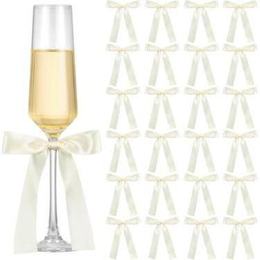 Imagem de Trzzyan Pacote com 26 laços de Natal branco marfim para suporte de vela de taça de vinho, 33 x 10 cm, fita de vidro champanhe, autoadesiva, marcador de nome para decoração de Natal, casamento