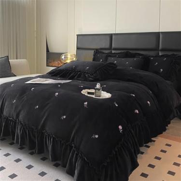 Imagem de Conjunto de cama vintage leve, capa de edredom em veludo macio cor leite com bordado de rosas, lençol de inverno em fleece coral, preto, tamanho king (220x240cm), 4 peças.