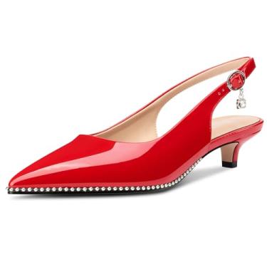 Imagem de TNYNFBEB Sapato feminino de salto baixo com bico fino e bico fino, fivela prateada, com contas, vestido de festa de formatura, couro envernizado, salto de 3,5 cm, Vermelho, 37