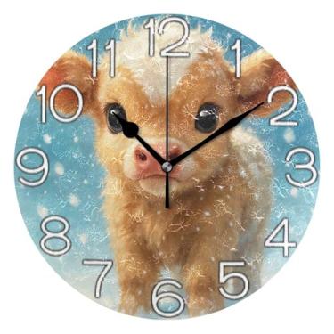 Imagem de GAIGEO Relógio de parede analógico decorativo relógio de cozinha rústico operado a bateria, decoração de parede vintage, sala de estar, flocos de neve de inverno de vaca fofa, 25 cm, ponteiros pretos