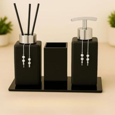 Imagem de Kit Lavabo Luxo Sabonete Líquido C/Porta Escovas e Aromatizante De Ambiente C/Bandeja(Preto Fosco C/Prata)