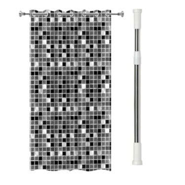 Imagem de Kit Cortina de Box para Banheiro com Ilhós e Varão Extensível Antimofo 1,38 x 1,98 Ideal para Box Banheiro Instalação Sem Furo(PRETA + VARÃO,1,10m a 2,00m)