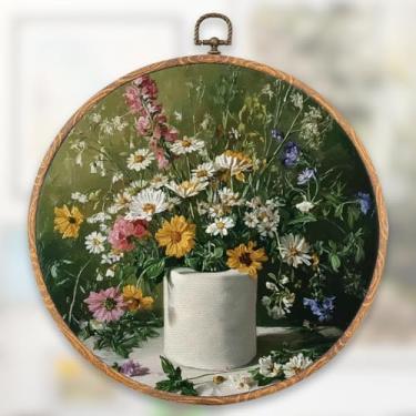 Imagem de XFN Decoração engraçada de arte de parede de banheiro, arte de parede redonda botânica verde escura retrô, estampa floral de papel higiênico vintage temperamental para decoração de banheiro, casa de