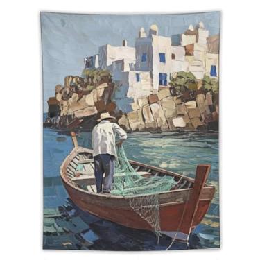 Imagem de Tapeçaria de barco pescador, pedra branca, rede de pesca de aldeia costeira, cena de captura, paisagem vibrante, decoração de parede, para sala de estar, quarto, casa, decoração cênica, peça