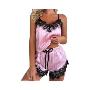 Imagem de Conjunto De Pijama Casual Feminino Com Decote Em V E Renda Em Listras 