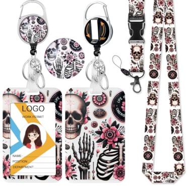 Imagem de HASFINE Porta-crachá de identificação com cordão separável e carretel retrátil com mosquetão resistente, clipe de rotação de 360° e porta-chaves, caveira e porta-cartão de identificação floral para