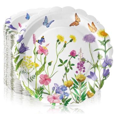 Imagem de Havawish 100 peças de pratos de papel florais de primavera coloridos pratos de papel de flores silvestres descartáveis para jantar, sobremesa, utensílios de mesa para primavera, aniversário, chá de