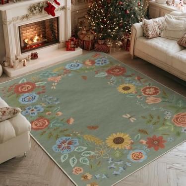 Imagem de Artoid Mode Tapete floral de girassol verde para primavera, decoração de casa de verão, baixo perfil, antiderrapante, lavável, tapete grande para sala de estar, quarto, casa de fazenda, sala de jantar