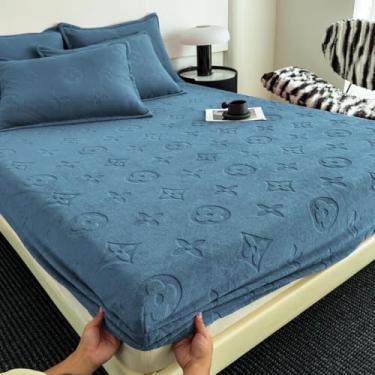 Imagem de Capa de colchão com bolso extra profundo, lençóis, protetor de colchão de flanela felpudo quente, resistente a vincos, para uma experiência de sono aconchegante e elegante - Azul||120 x 200 cm