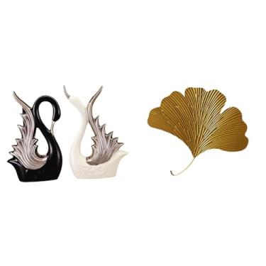 Imagem de Whtkoph Escultura de Cisne em Cerâmica E Ferro Forjado com Folhas de Ginkgo, Decoração de Parede, Estátua Abstrata para Sala de Estar, Escritório.