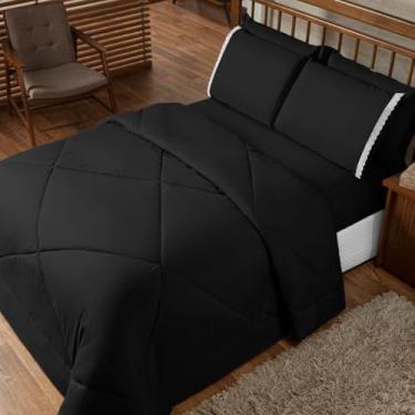 Imagem de Edredom Casal Dupla Face Cobre Leito Queen + Lençol Queen Com Elastico 6 Peças Tecido Toque Macio(Preto,Edredom + 02 Fronhas)