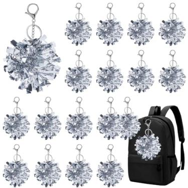 Imagem de CREATCABIN Chaveiro de torcida de prata com 20 peças, porta-chaves pompom de líder de torcida de plástico a granel com fecho de garra de lagosta prata para acampamento esportivo, suprimentos de