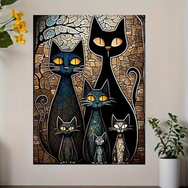 Imagem de Impressão em tela abstrata de gato sem moldura à prova d'água moderna azul preto laranja gatos olhos amarelos para sala de estar quarto escritório, 20 x 30 cm