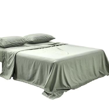 Imagem de Kingnex Lençol de cima extragrande King 132 x 110 com estampa listrada para cama king extragrande alta ou Cal King, durável, macio, escovado, 1800, lençol de cima de microfibra apenas sálvia