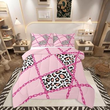 Imagem de jejeloiu Conjunto de edredom de leopardo rosa para todas as estações, estampa de animais de guepardo, com 2 fronhas, corrente de ferro, microfibra e Queen, para decoração de quarto, edredom respirável