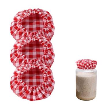 Imagem de 3 tampas de pote de massa fermentada, 12 x 10 x 0,5 cm, tampas de pote de pano de algodão reutilizáveis, tampas de tigela de fermentação de pão cru (vermelho)