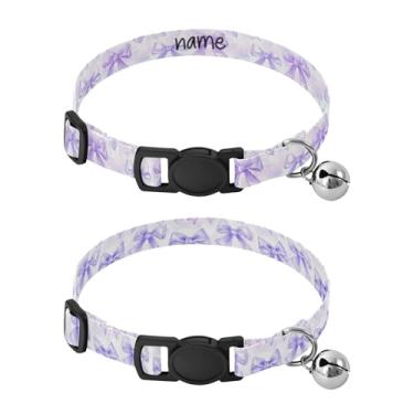Imagem de SEHANY Conjunto de 2 coleiras de cachorro com laço roxo fofo, fivela de plástico resistente, leve, macia, com sino pequeno, coleiras personalizadas com nome de animal de estimação para meninos e