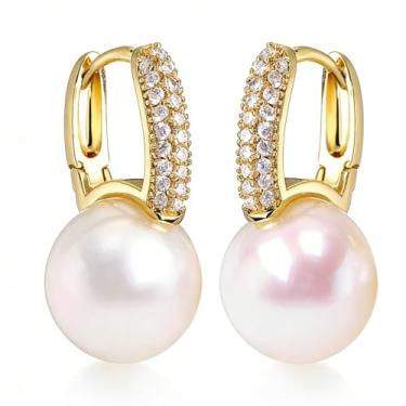 Imagem de Brincos de argola banhados a ouro 14K para mulheres, brincos de pérola de ouro delicados hipoalergênicos, presente para ela