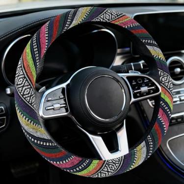 Imagem de Ongfuwu Capa de volante de carro boho, protetor de volante, estilo étnico, boémia, antiderrapante, respirável, linho, capa para rodas automotivas, serve para 38 cm, acessórios interiores universais