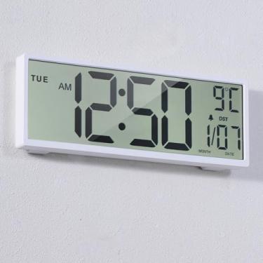 Imagem de Henescribe Relógio de parede digital grande operado a bateria, relógio atômico com grandes números de exibição, calendário, horário de verão automático, relógios para sala de estar, cozinha